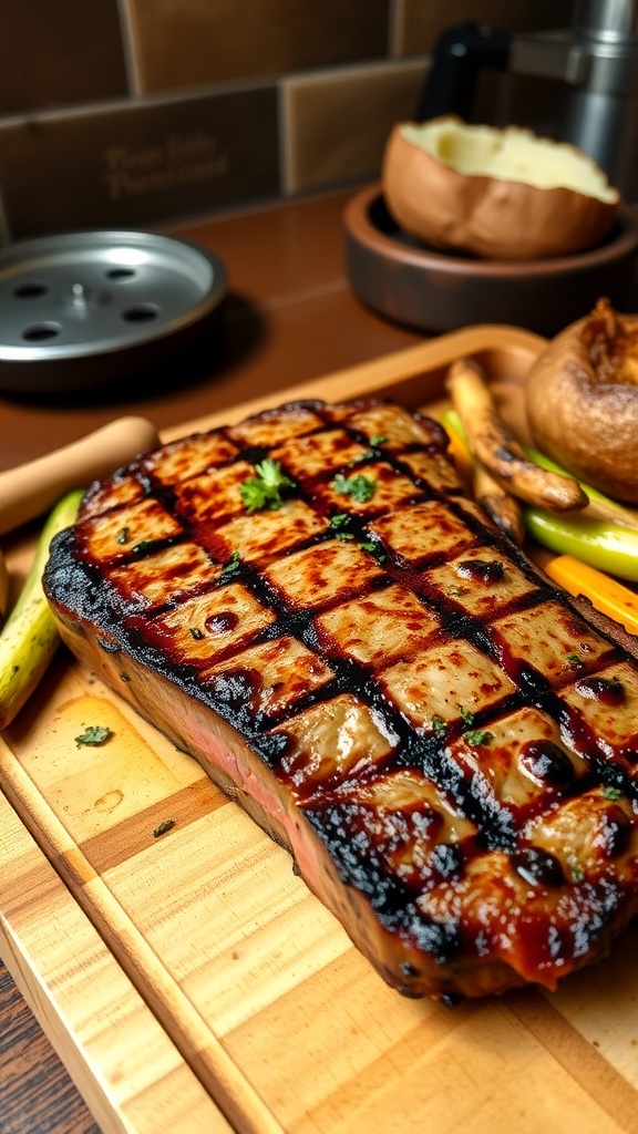 Air Fryer New York Strip Steak Recipe Juicy New York strip steak with grill marks, garnished with herbs, served with vegetables and a baked potato.